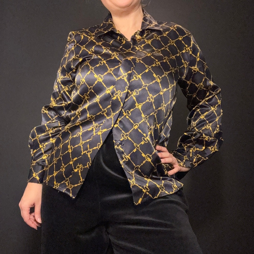JH Collectibles Vtg Black Silky Gold Key Print Satin Blouse small luxury buttons